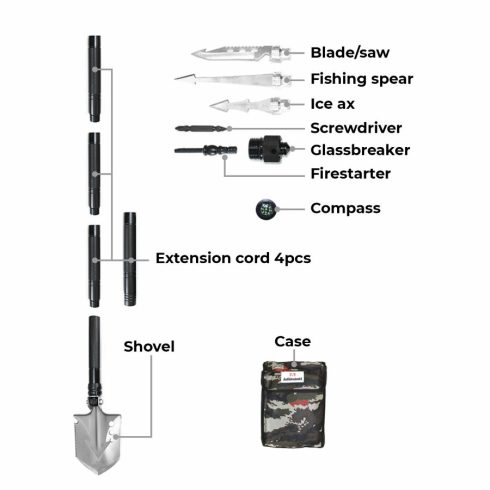 Lopata Adimanti HK 001 Lopata multifunctionala 8 in 1 - lopata / piolet / surubelnita / lanterna / ascutit lance / sparga sticla / busola / geanta